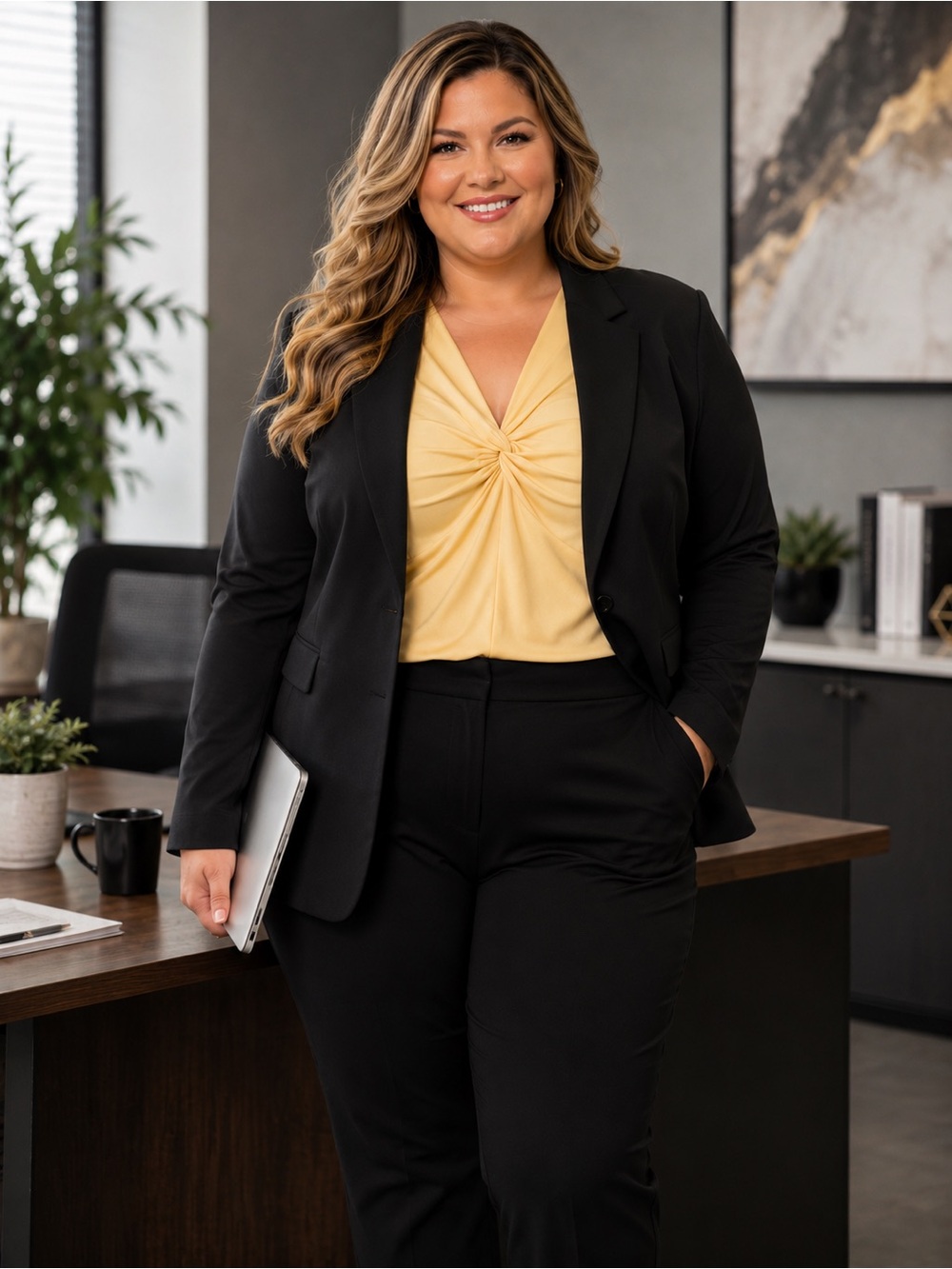 Lane Bryant Pale Yellow Twist-Knot Long Sleeve Top | Business Casual Work Attire